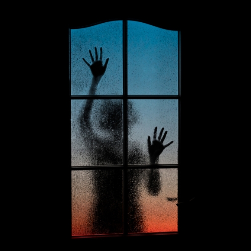 a dark picture with a window, and through the window you can see the silhouette of a woman putting her hands on the window
